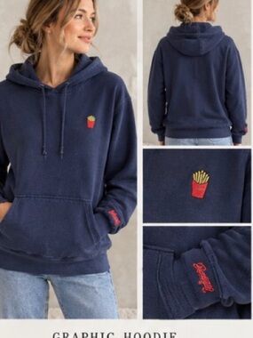 Uniqlo Navy Zip-Up Hoodie with Embroidered Fries Patch